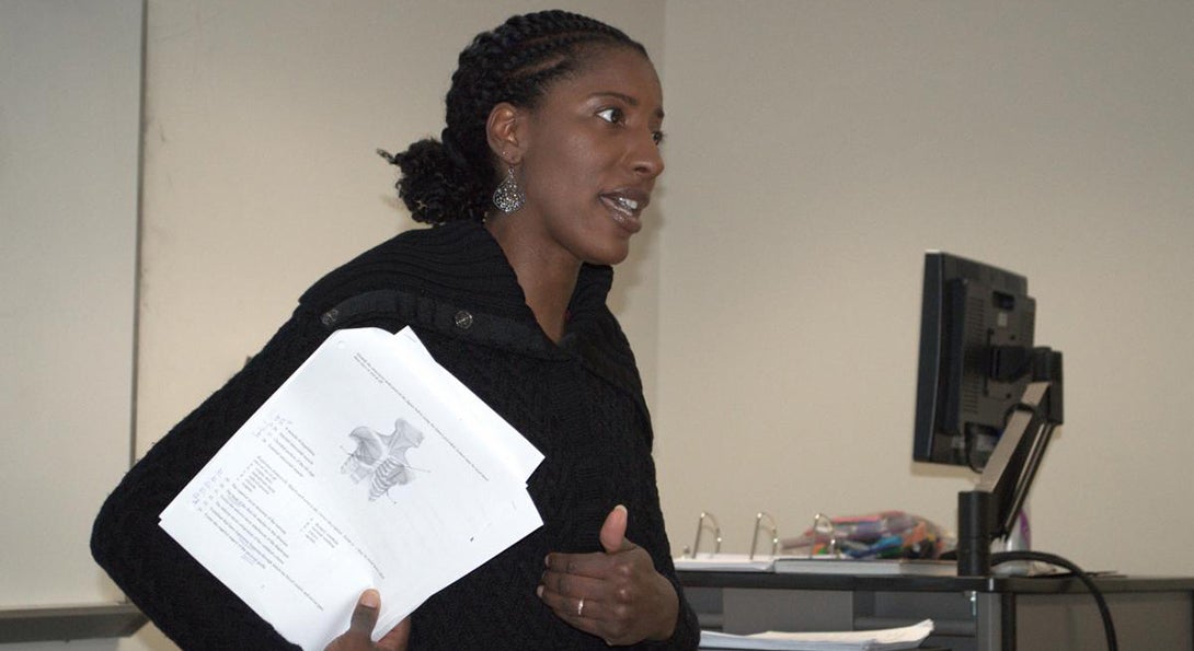 Nicole Koonce leads a discussion in a class at Governors State University.
                  