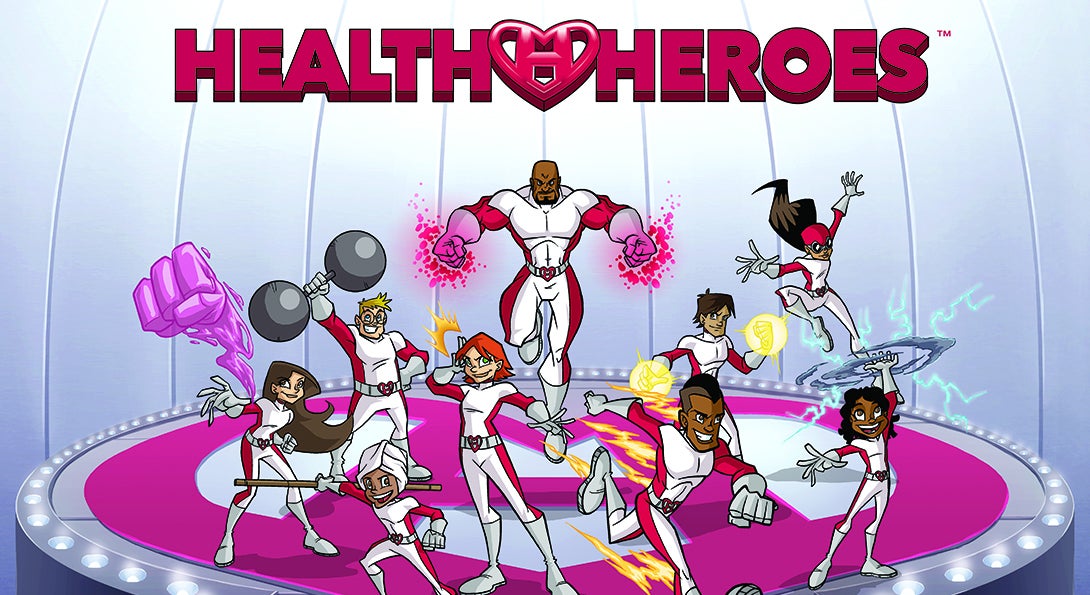 Animated characters in the Health Heroes comic series engage in a series of poses showing health and strength, including lifting weights, running and eating healthy.