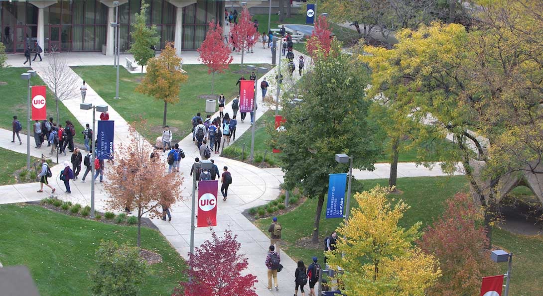 Aerial view of students walking through campus.