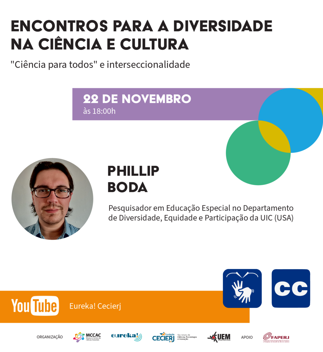 Flyer with Dr. Boda appearing on the left side with colorful shapes for style. There are Portuguese descriptions of the time and place of the lecture online.